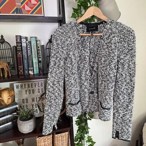 ISABEL MARANT Tweed Boucle Blazer White Black Lamb Leather Trim {VV28} - Picture 1 of 5