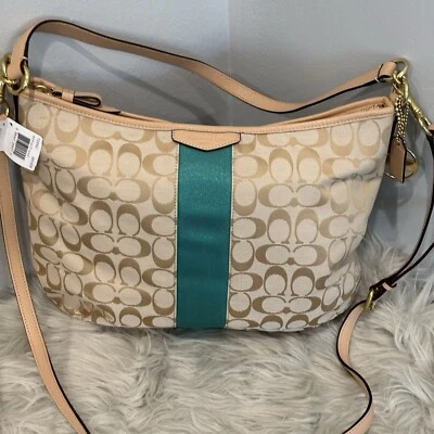 Cartera Coach Signature a Rayas Convertible Hobo en Caqui y Esmeralda Nueva con Etiquetas Foto 1 de 4