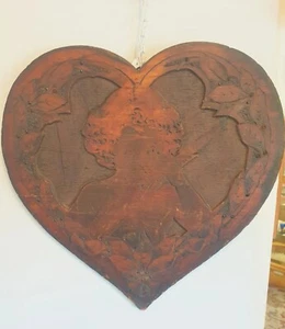 Vintage Carved Wooden Heart Plaque Flemish Art New York 1910s Art Nouveau Cupid - Picture 1 of 10