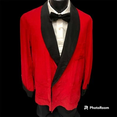 Vtg 50's CHRISTMAS Red Corduroy SMOKING Jacket SATIN Shawl Collar ROCKABILLY Tux - Image 1 of 4