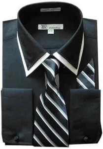 Men's Classic French Cuff Dress Shirt With Tie and Handkerchief Double Collar - Picture 1 of 13
