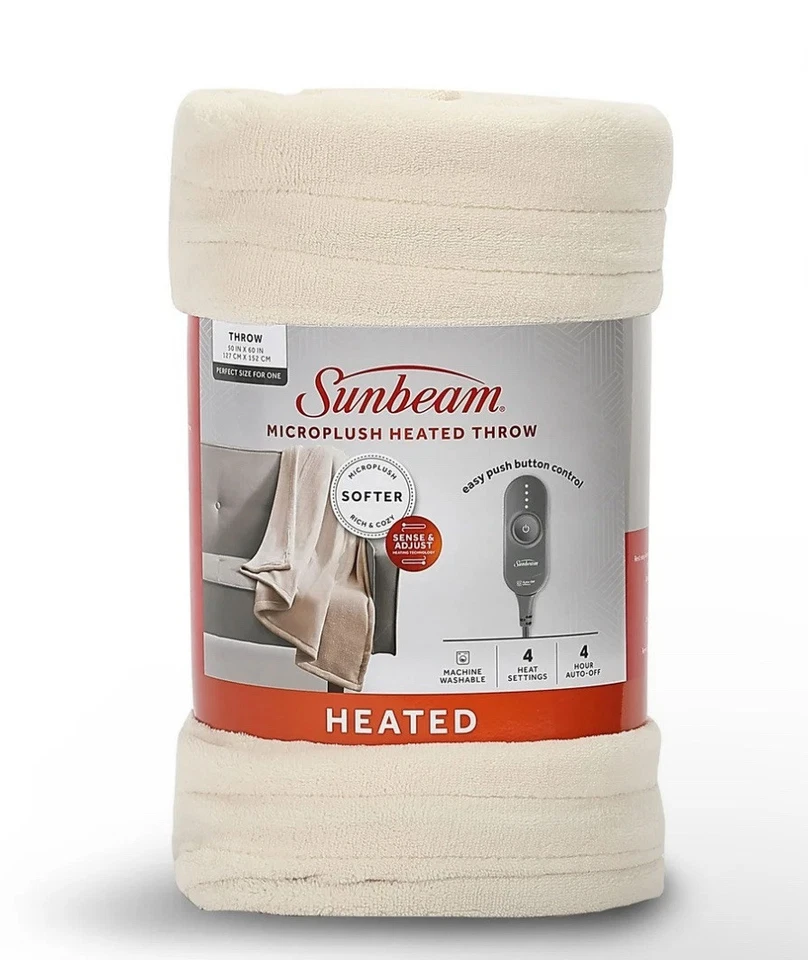 Sunbeam Off White/Cream Microplush Softer Heated Throw. Size 50 In. X 60 In. New - Image 1 of 4