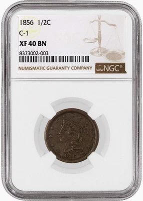 1856 1/2C Braided Hair Half Cent Cohen 1 C-1 NGC XF40 BN Brown Coin - Image 1 of 4