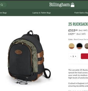Billingham 25 Rucksack Backpack Cameras Black/tan leather UK Bargain c/w new - Picture 1 of 10
