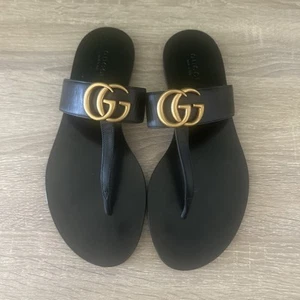 NWOB Gucci GG Marmont Black Leather Flats Thong Sandals Size 37 - Picture 1 of 10