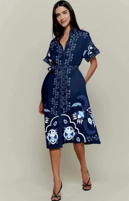 Camisa-Vestido Tucker Safari Pequeño Azul Marino Flores Holandesas Algodón Claro Sarga Cinturón V6 Foto 1 de 4