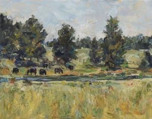 Kunst Original Ölgemälde RM Mortensen "Weide" Weide Fluss Kühe Bauernhof - Bild 1 von 1