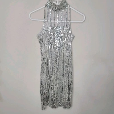复古亮片连衣裙 Niteeline 银色亮片迷你高领女式 6 码。 Prom Y2K — 第 1/4 张图片