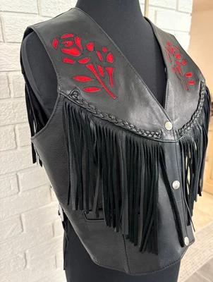 Chaleco de moto Mustang de cuero para mujer con rosas de gamuza roja y flecos - talla L  Foto 1 de 4