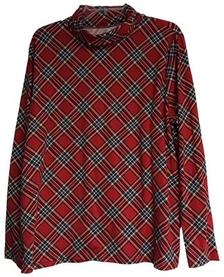 Camiseta Talbots Cuello Alto PLus 2X Rojo Cuadros Top Manga Larga Algodón Elástico Vacaciones Foto 1 de 4