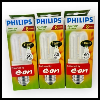 3 Pack Of Philips Energy Saver Light Bulbs E27 ES 11W = 60W Large Screw New - Image 1 of 3