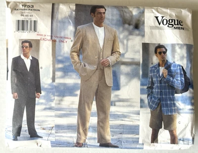 Vogue Men Sewing Pattern #1753 Jacket Vest Shorts Pants Sz - 44-48 Vtg 1996 Cut - Image 1 of 4