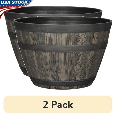 Rustic Whiskey Barrel Planter UV Resistant Flower Pot W/ Drainage Holes New — 第 1/4 张图片