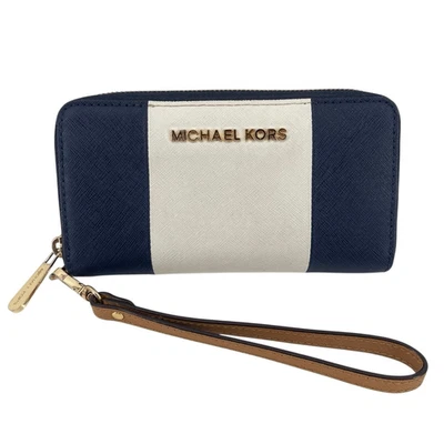 Michael Kors Jet Set Travel Continental Wallet Navy Stripe Zip Wristlet - Image 1 of 4