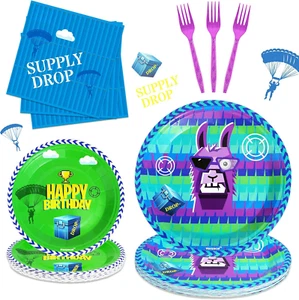 64Pcs Video Games Llama Party Tableware Supplies Including 32 Pcs Plates, 16 Pcs - Picture 1 of 12