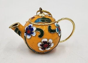Vintage Cloisonne Yellow w/Colorful Floral Mini Teapot Ornament - Picture 1 of 12