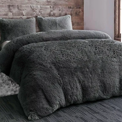 UK-ONLINE-DEALS Extra Soft Long Pile Teddy Fleece Duvet Quilt Cover Fluffy Warm Bedding Charcoal