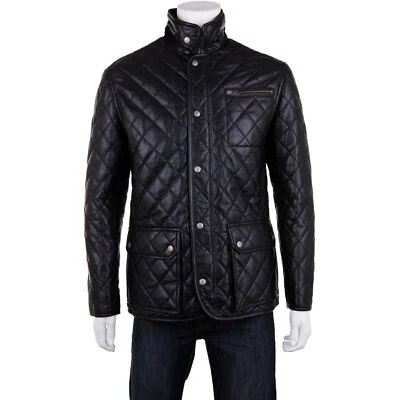 Men's Black Genuine Leather Full Body Quilted Lambskin Jacket Winter Overcoat - Image 1 of 4