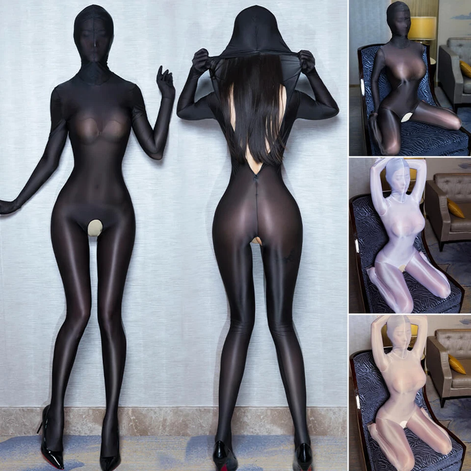Macacão Zentai Feminino Transparente Brilhante Zíper Brilhante Máscara Bodystocking Capuz Body - Imagem 1 de 4