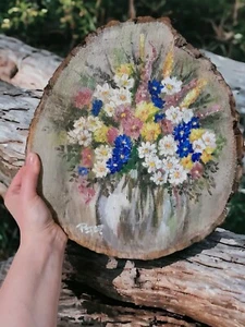Picture Acryl Paint Wooden Slice Flower Bunch Bark Moss Natural Signed Certifed - Picture 1 of 12