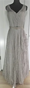 Vintage 1950s Lace Over Taffeta Fit Flare Grey Maxi Gown Surplice Neck Belt S-M - Picture 1 of 23