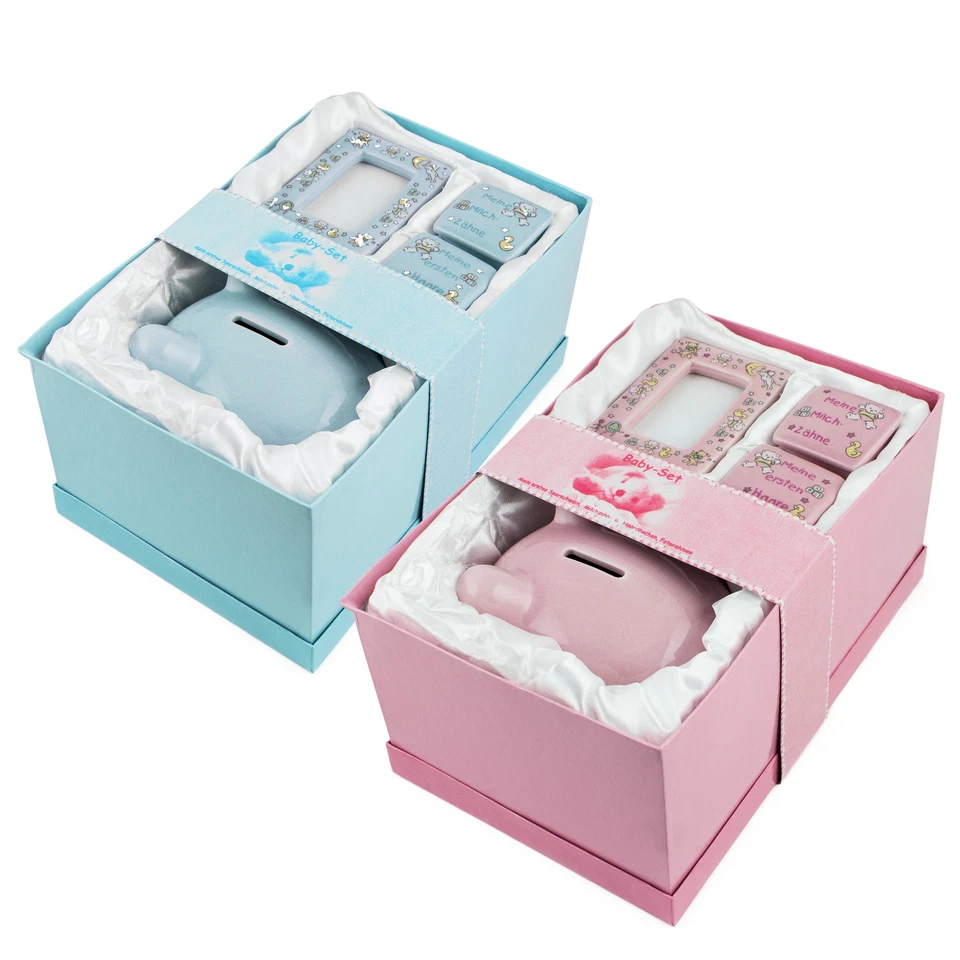 Baby Geschenkset Foto Geschenk Geburt Taufe Sparschwein Geldgeschenk Rosa / Blau - Bild 1 von 1
