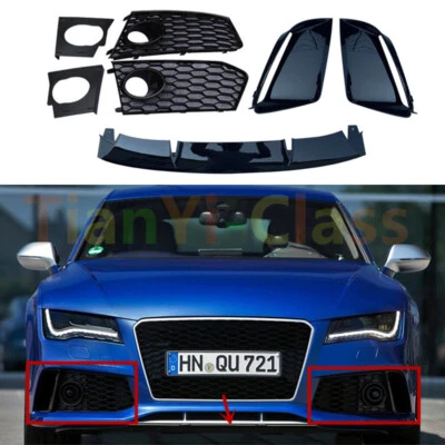 For Audi RS7 2014-2018 Black Front Bumper Lip+fog Light Cover+Trim Frame - Image 1 of 4