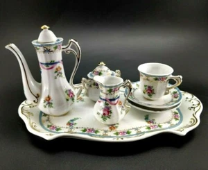 Limoges Porzellan Miniatur Kaffee Tee Set Blumen Puppenstube blau rosa LESEN! - Bild 1 von 12