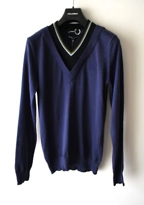 Fred Perry x Raf Simmons Blue Wool Blend V-Neck Jumper Size Small Made in Italy - Image 1 of 4