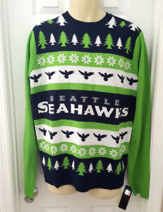 SEATTLE SEAHAWKS Sweater Size Large Ugly Christmas Holiday Green Front Back Logo