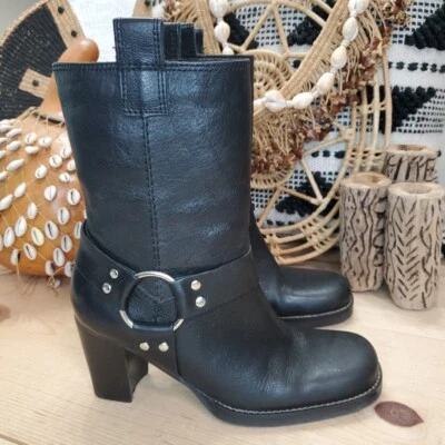 MIA DE COLECCIÓN Mujeres 6M Arnés Moto Media Pantorrilla Pull On Botas Puntera Cuadrada Cuero Negro Foto 1 de 4