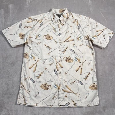 Hook & Tackle Shirt Mens Medium Beige Fishing Gear Print Button Up Short Sleeve - Image 1 of 4
