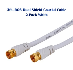 2-Pack -3ft White RG6 Coax Cable Dual Shield for TV Antenna Satellite Dish DVD - Picture 1 of 8