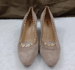 VAN ELI Deana Beige Suede Wedge Scalloped Trim Gold Rivets Pump Women US 7M - Picture 1 of 11