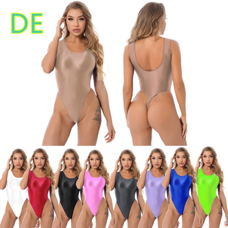 DE Damen Glänzend Bodysuit Body Ärmellose Stringbody High Cut Jumpsuit  - Bild 1 von 1