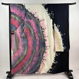 Japanischer Damen Kimono Furisode Seide Abstraktes Muster Gold Silber Folie Rosa 162 cm - Bild 1 von 6