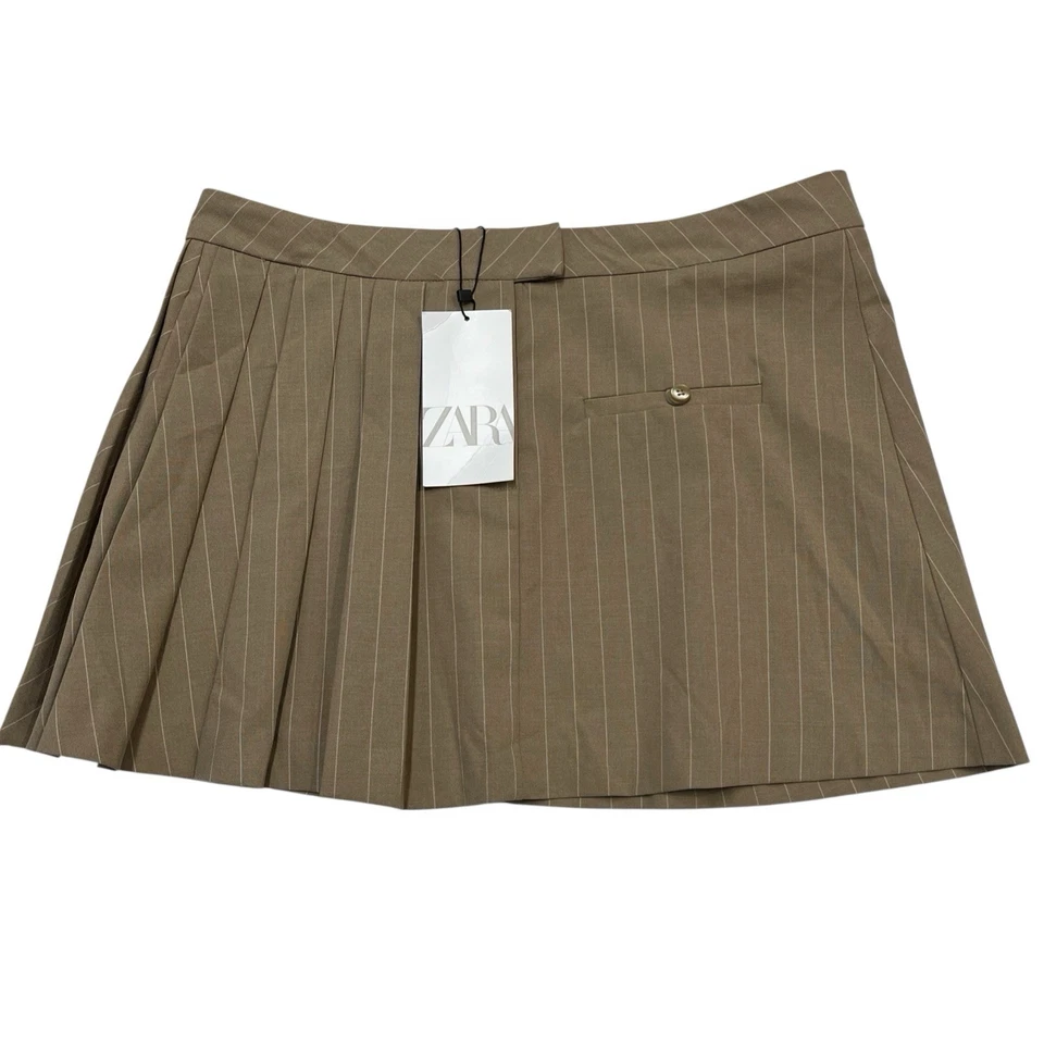 Falda Zara Y2K Mujer M Marrón Tostado Rayas Caja Plisada Micro Mini Academia Foto 1 de 4