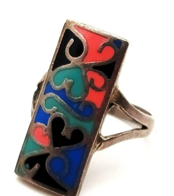 Vintage Firmato Caetanna Brasile Color Argento Blu Rosso Nero Smalto Size 8 Ring - Immagine 1 di 3