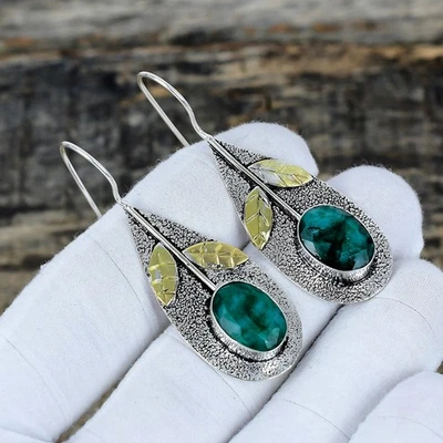 Emerald Lab-Created Gemstone Handmade 925 Sterling Silver Jewelry Earrings Gifts - Image 1 of 4
