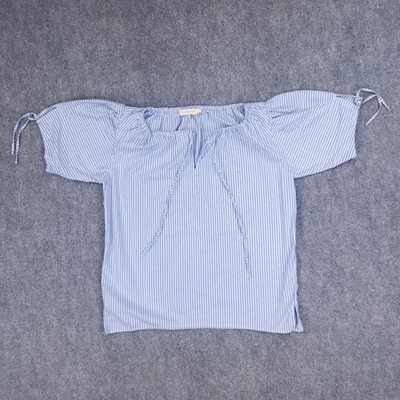 Blusa Top Mujer Mediana Azul Blanco Rayas Corbatas Cuerdas Manga Corta Algodón * Foto 1 de 4