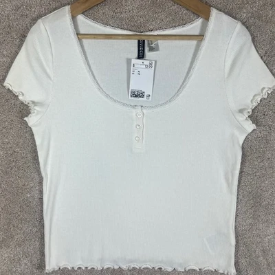 H&M Divided NWT White Ribbed Knit Top XL Lace Trimmed Short Sleeve Cropped - Image 1 of 4