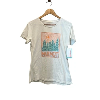 MARMOT Women's Logo Woodblock Tee T-Shirt Large Beige Green Forest Outdoor NEW Foto 1 de 4