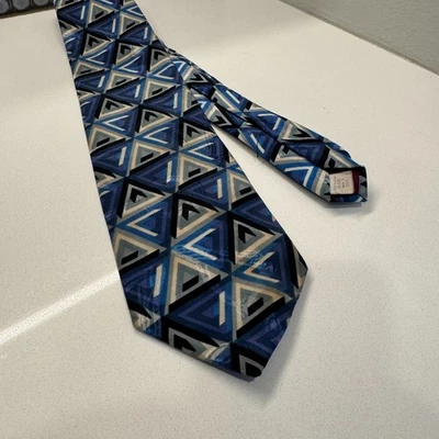 Gravata Aldo Gianni geométrica abstrata azul cinza vintage seda casual - Imagem 1 de 4