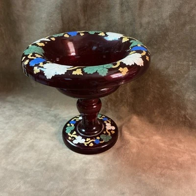 Victorian hand blown Glass ruby stained vintage grape leaf design compote Dish - Image 1 of 4