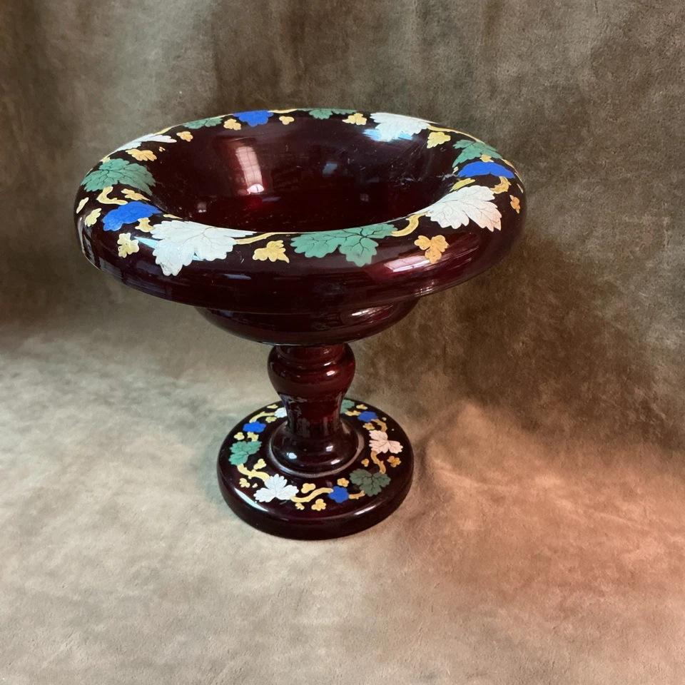 Victorian hand blown Glass ruby stained vintage grape leaf design compote Dish - Image 1 of 4
