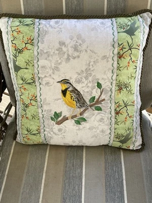 17X17 Embroidered western Meadowlark throw pillow braided border floral pattern - Image 1 of 4
