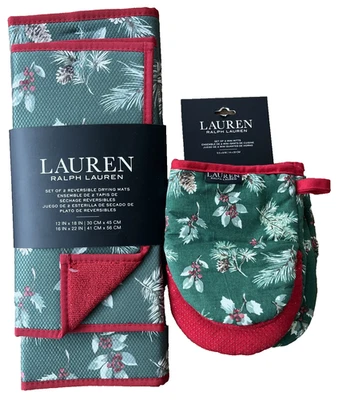 RALPH LAUREN ~ 2 КУХОННЫЕ СУШИЛЬНЫЕ КОВРИКИ ~ многоцветные ~ ДВУСТОРОННИЕ ~ 2 КУХОННЫЕ РУКАВИЦЫ ~ Рождество ~ - Изображение 1 из 4