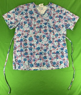 Medium Pink Blue Flower Pattern Simply Basic Scrub Shirt - Image 1 of 4