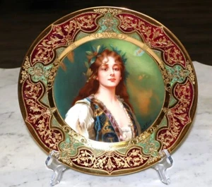 "Placa de gabinete Dresden Hausmaler pintado a mano retrato de Clementine 9,5"" firmada" - Imagen 1 de 7