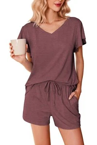 Sleepwear Set Women's Ruffle Short Sleeve Pajamas V Neck Comfy Pjs Lounge Set... - Picture 1 of 6